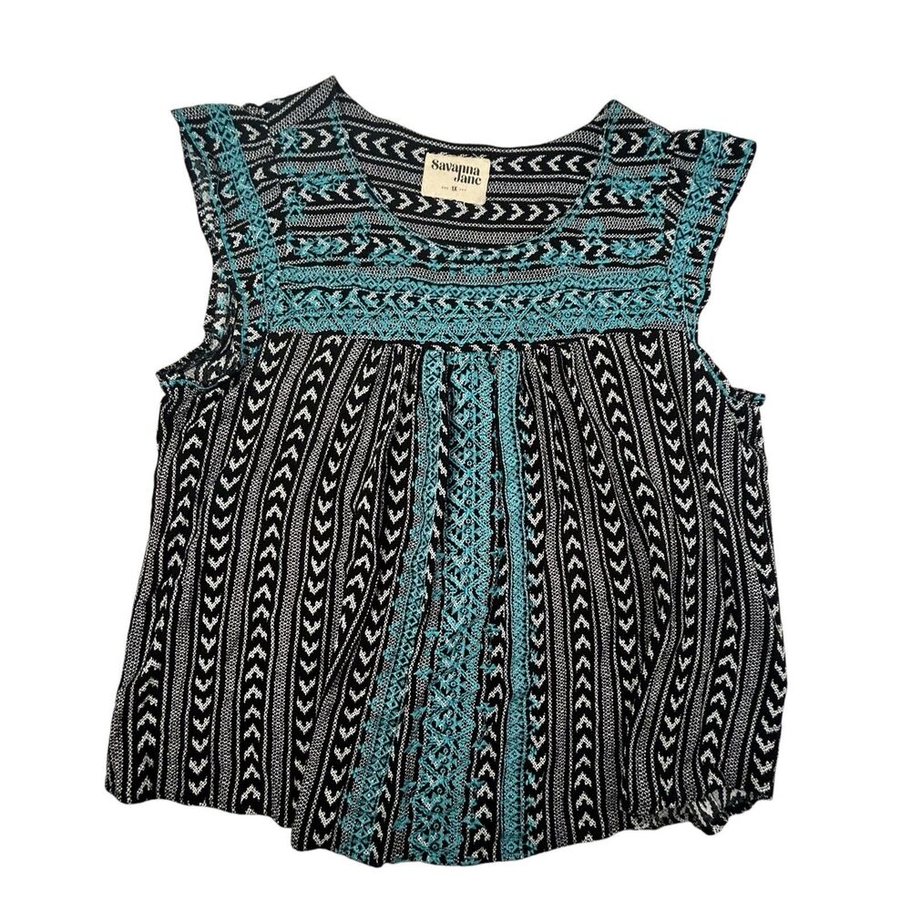 Savana Jane Embroidered Peasant Blouse Size 1X Black Blue Boho Hippie Cap Sleeve - Picture 2 of 10